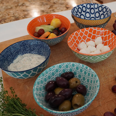 Certified International Chelsea bowls in use with dips showing convenience for serving small portions