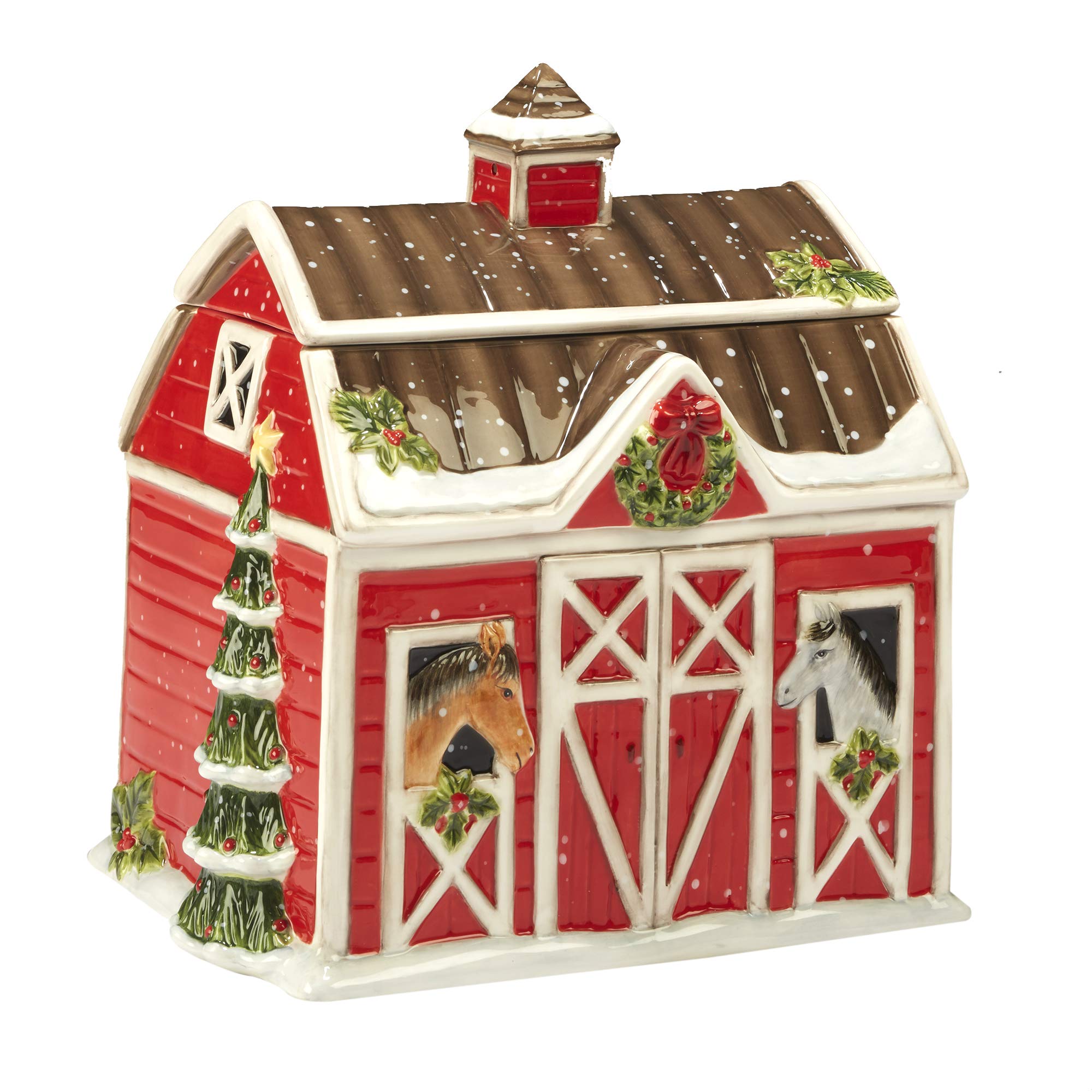 Certified International front view of red barn cookie jar showing festive scene and seasonal charm