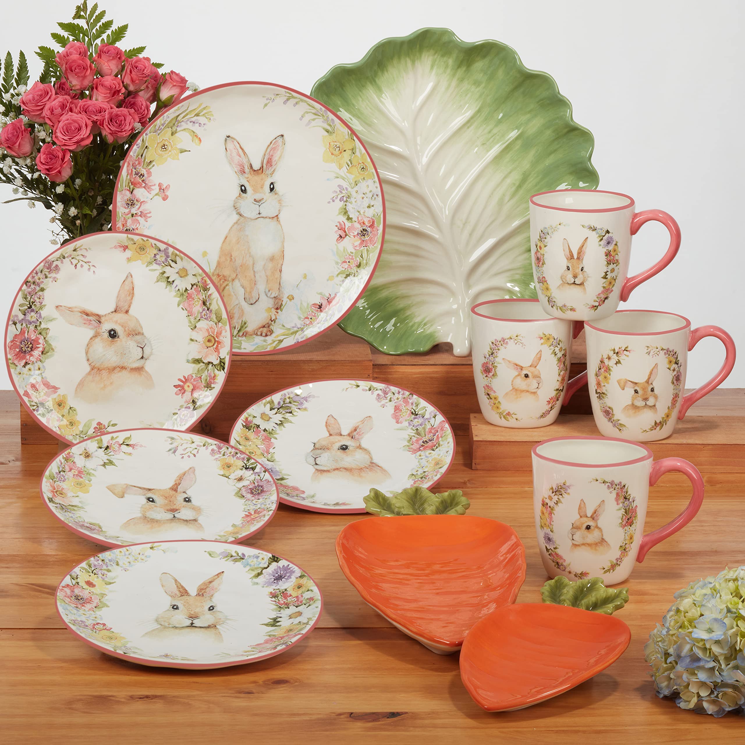 Certified International close-up of Susan Winget bunny illustration showing detailed floral art