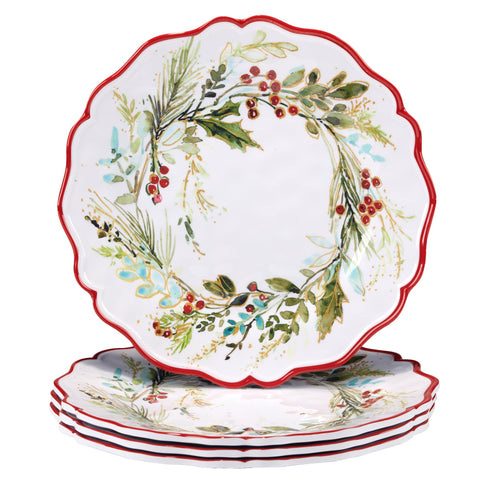 Certified International front view of plate set showcasing festive wreath and scalloped rim for cheerful tables