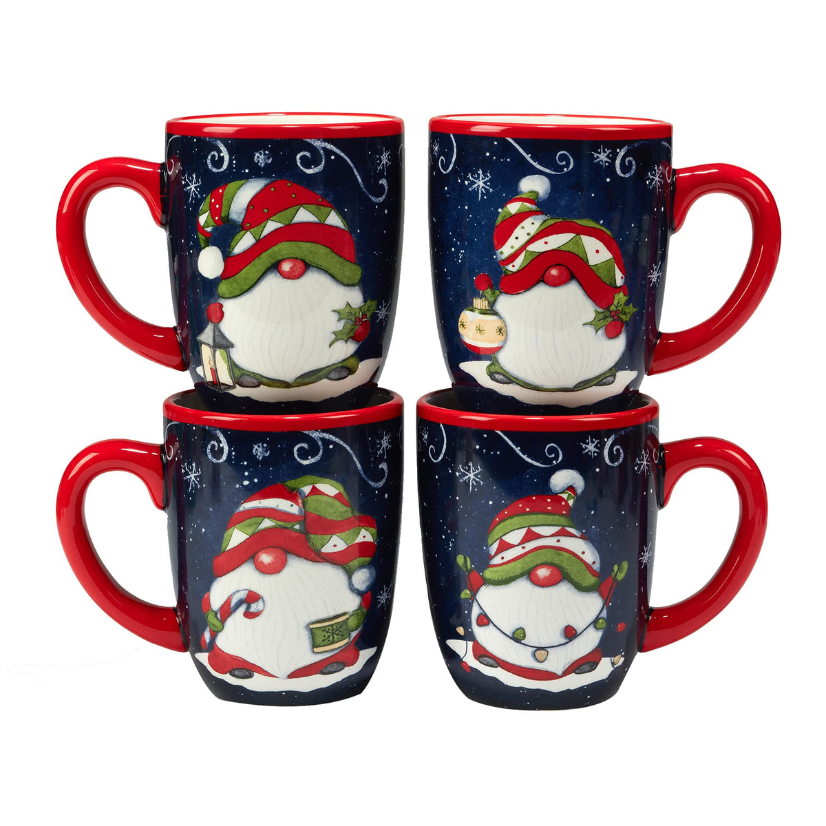 Certified International front view of four gnome mugs showing festive artwork and capacity