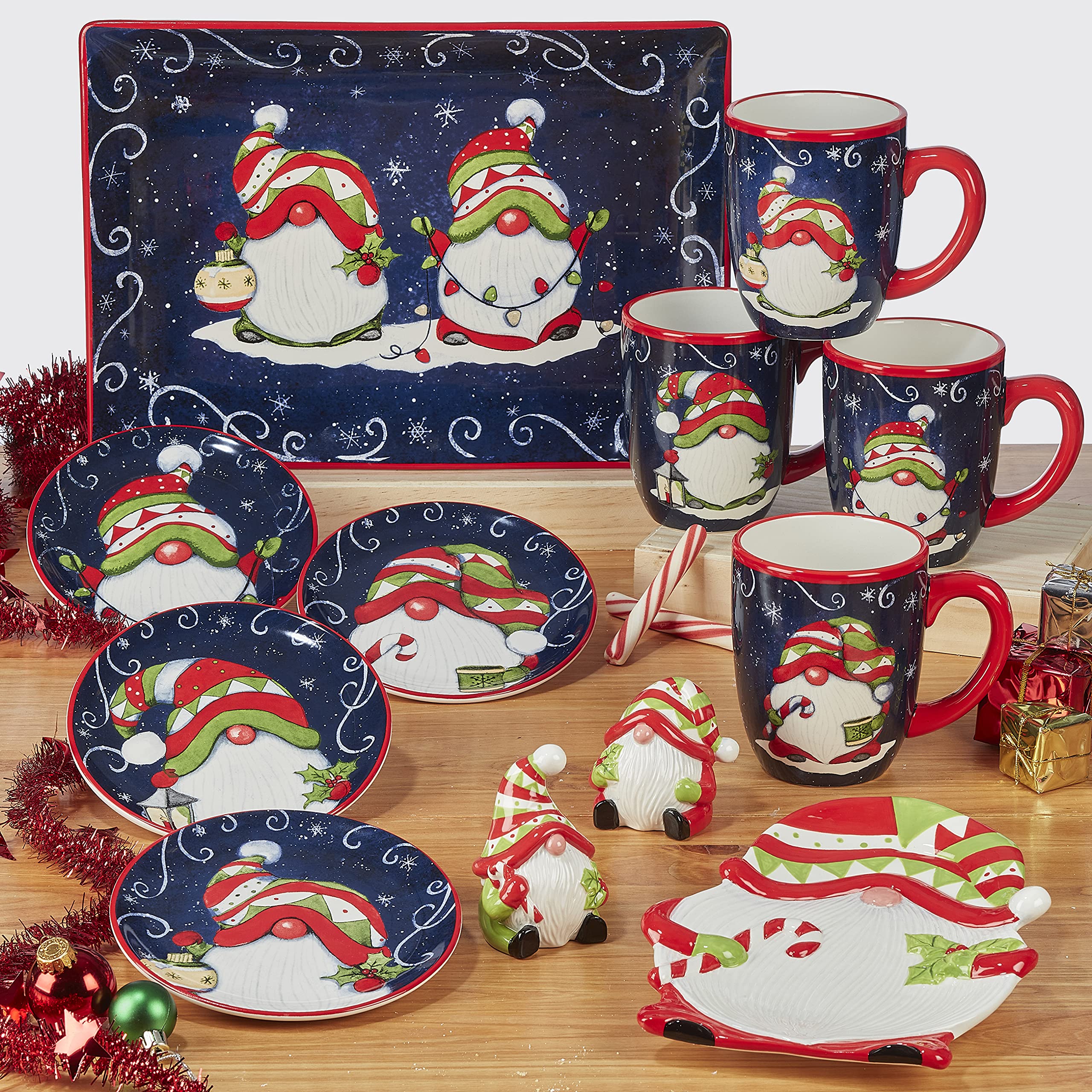 Certified International mugs on holiday table setting demonstrating coordinated seasonal charm