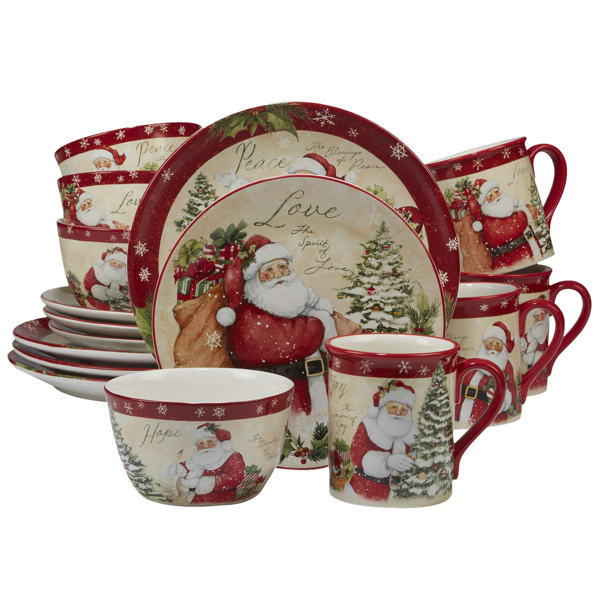 Certified International front view showcasing full 16-piece holiday set and festive styling
