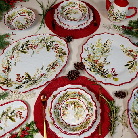 Certified International lifestyle image of outdoor winter table with plates to show seasonal entertaining readiness