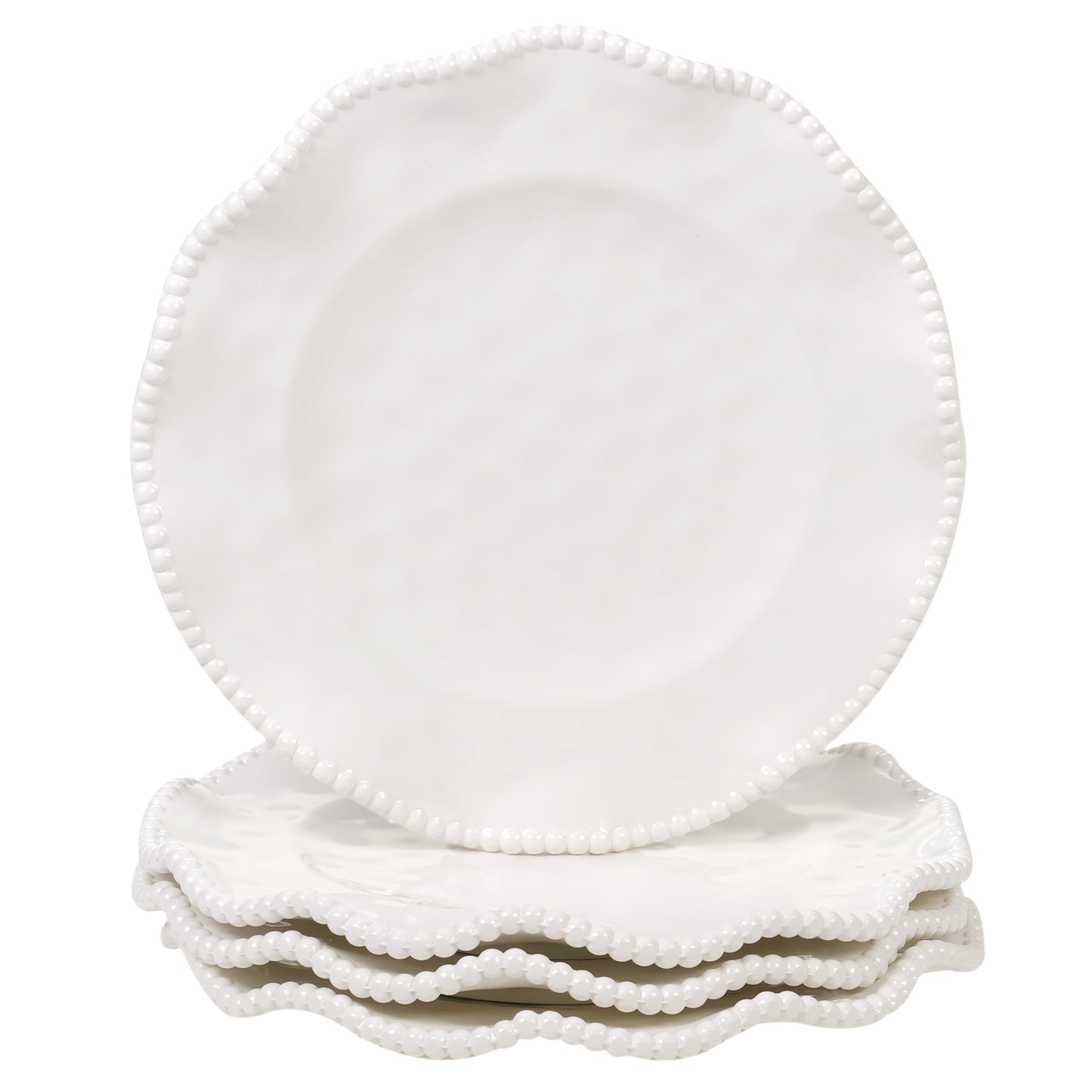 Certified International front view of off-white plate showcasing beaded rim and elegant look