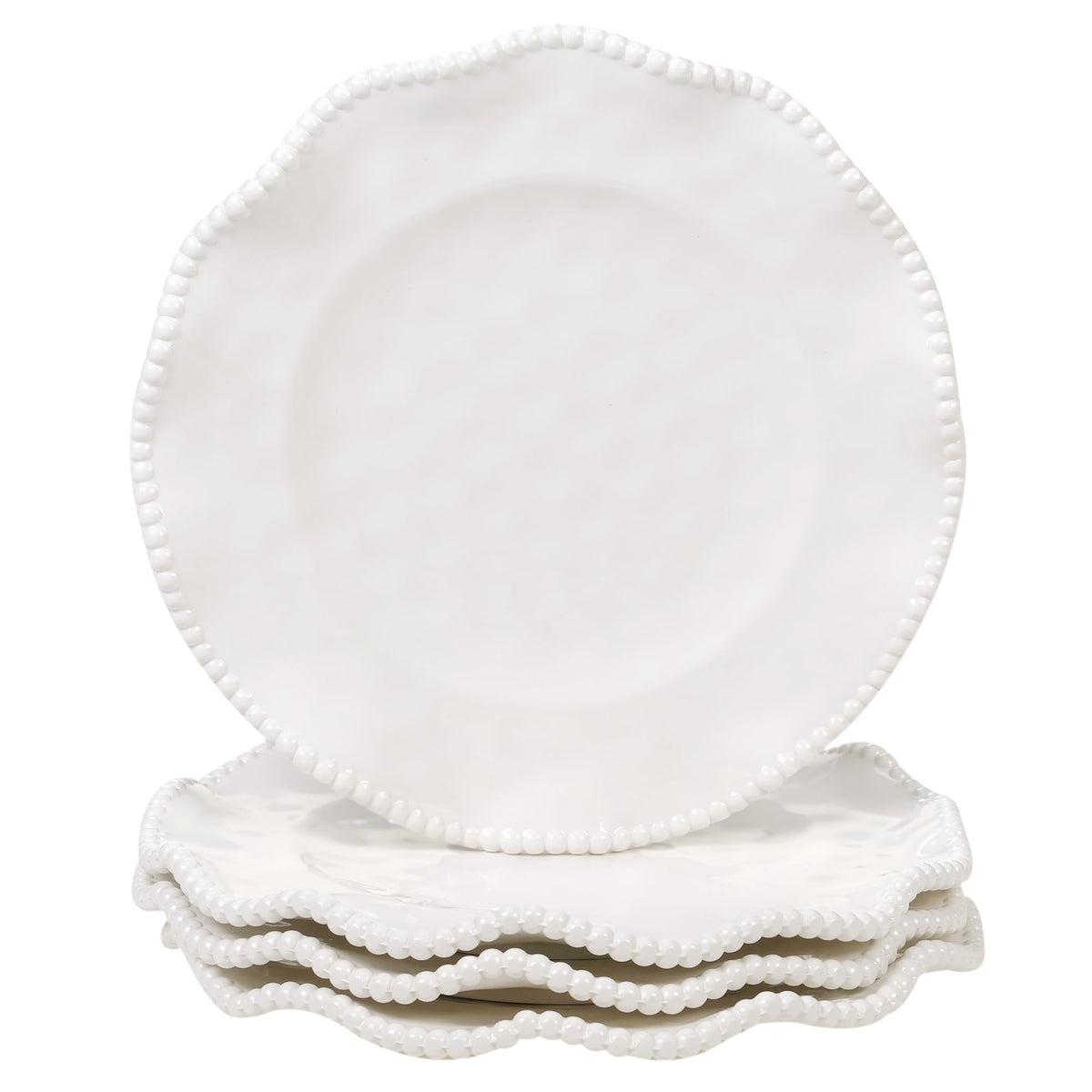 Certified International front view of off-white plate showcasing beaded rim and elegant look