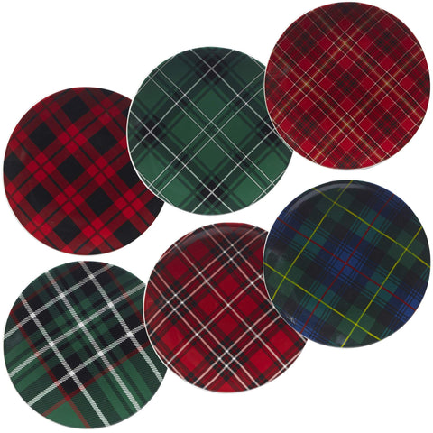 Certified International front view of 8.25 inch plaid plate showing festive pattern and easy coordination