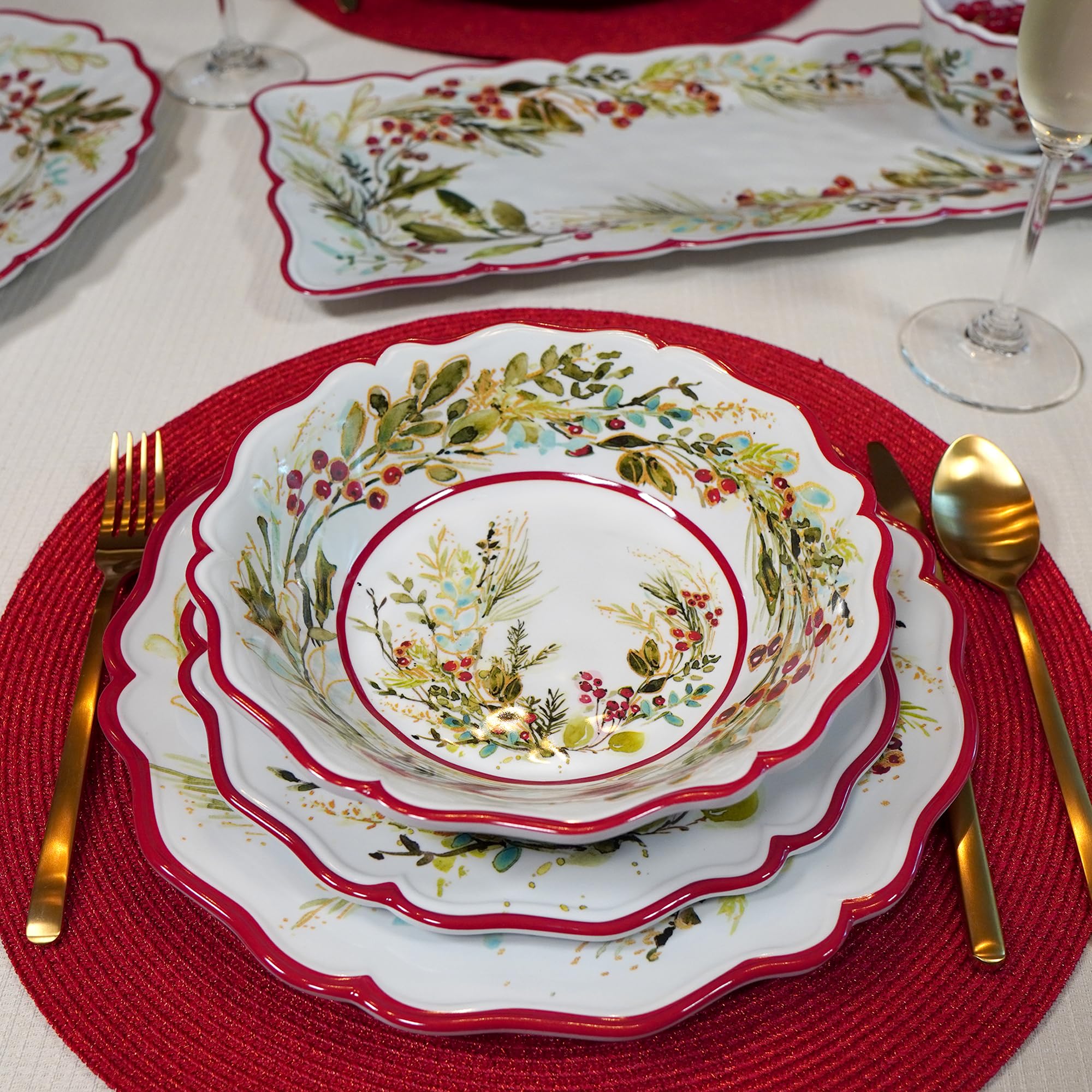 Certified International plate styled on a holiday dinner table demonstrating festive presentation and coordination