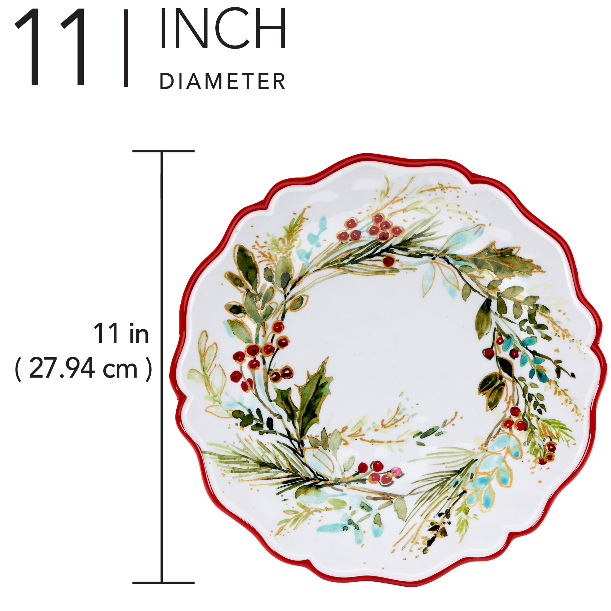 Certified International detailed view of scalloped red rim showing durable finish and classic holiday accent