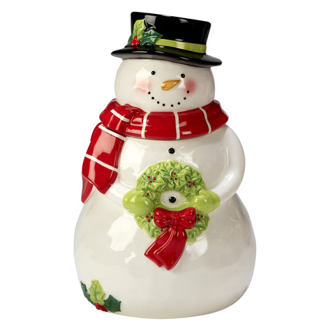 Certified International snowman cookie jar front view showing festive design and storage benefit