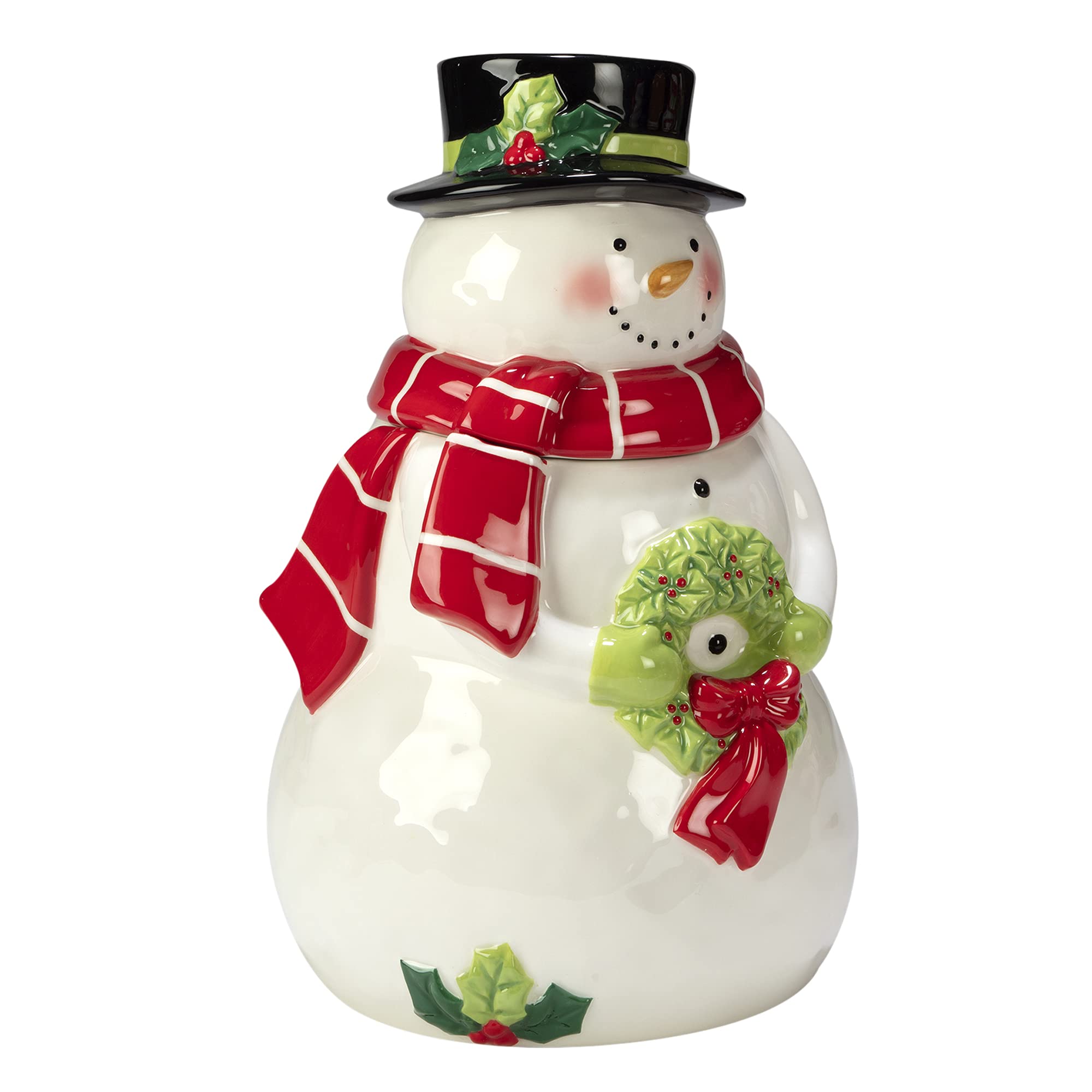 Certified International snowman lid close-up showing snug fit and easy access benefit