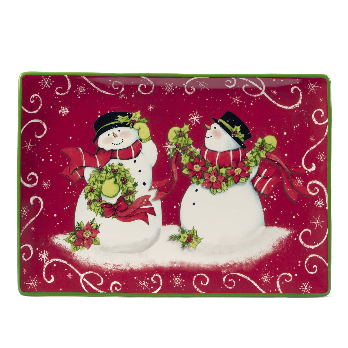 Certified International front view of snowman platter, festive presentation benefit