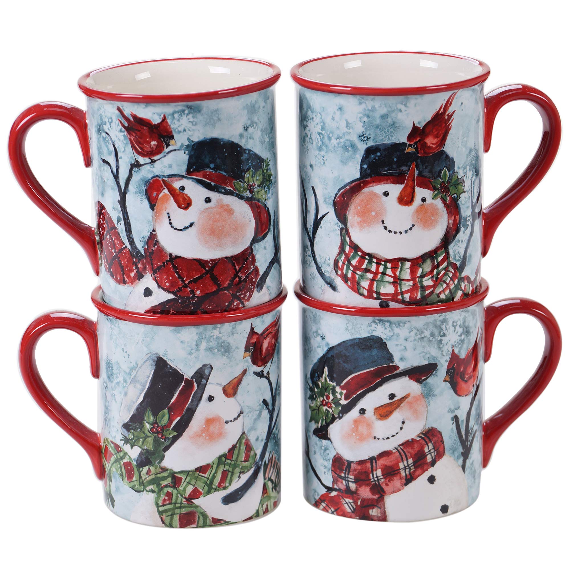 Certified International watercolor snowman mugs front view shows festive design and durable earthenware