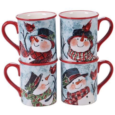 Certified International watercolor snowman mugs front view shows festive design and durable earthenware