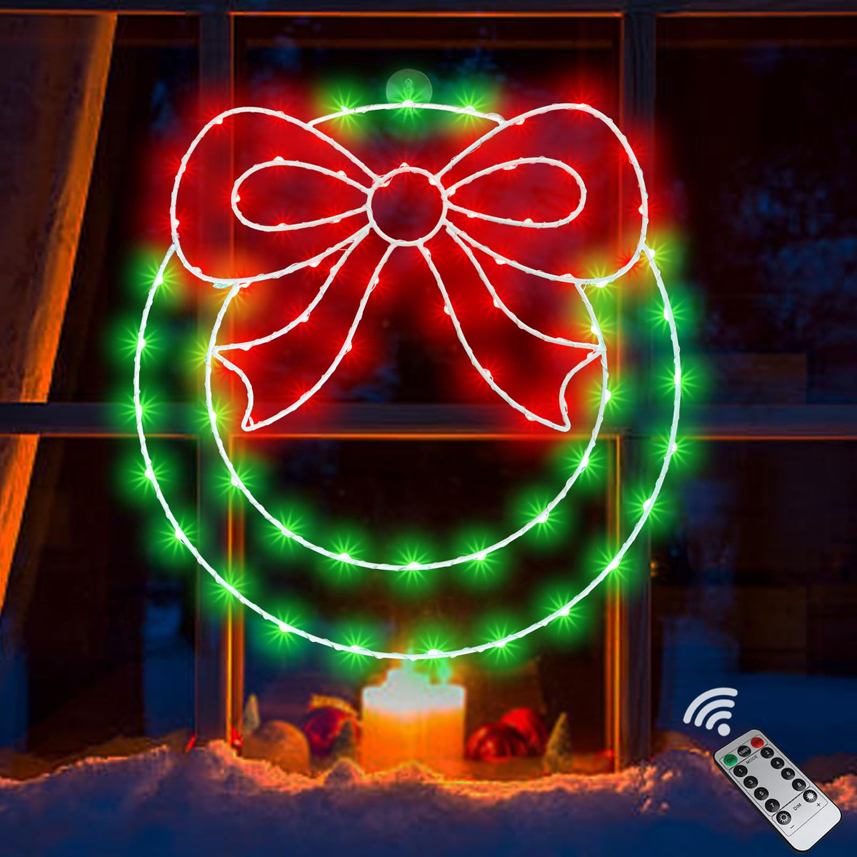 CESOF front view of wreath light showing full silhouette and festive LEDs benefit easy display