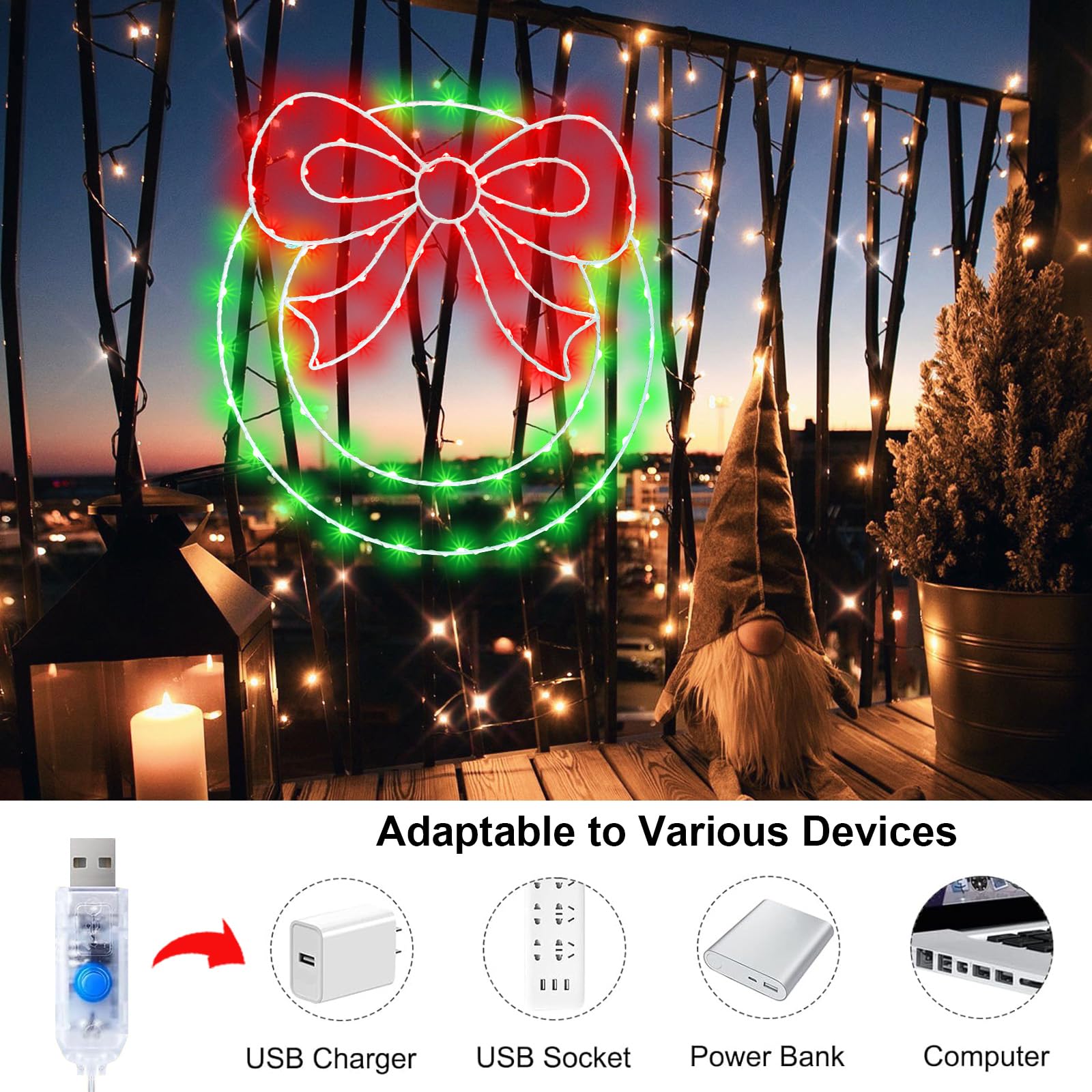 CESOF wreath mounted in a window at night showing bright red and green LEDs for curb appeal