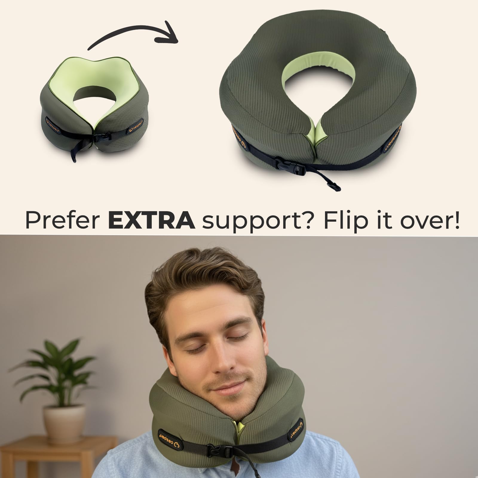 Cesperi compressed pillow inside carry case showing compact travel-friendly packing