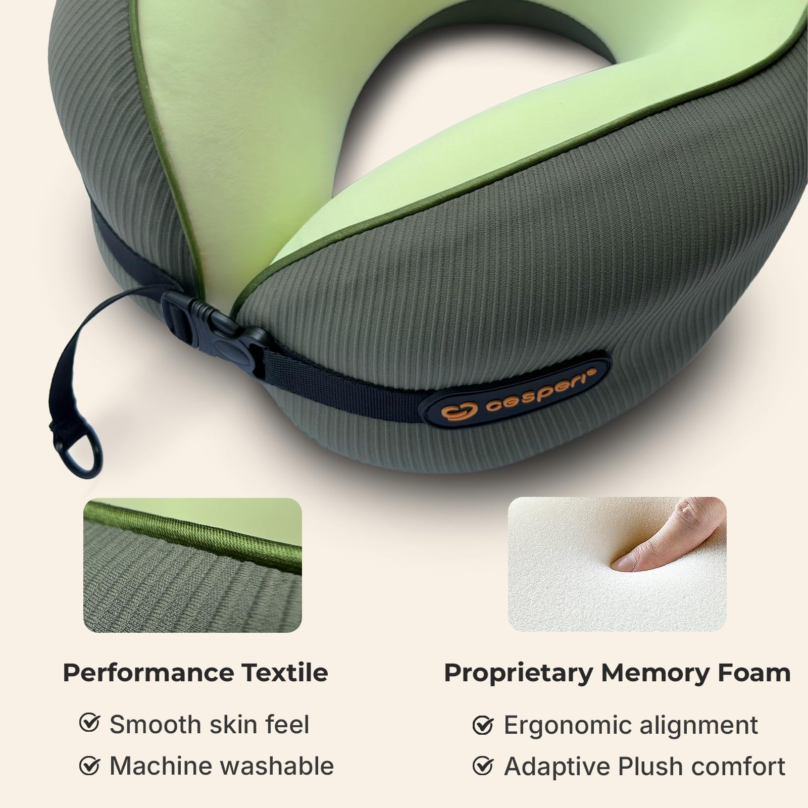 Cesperi pillow in use in car seat illustrating reduced neck strain during road trips