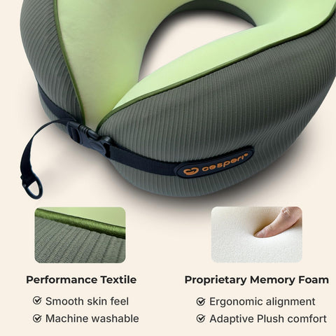 Cesperi pillow in use in car seat illustrating reduced neck strain during road trips