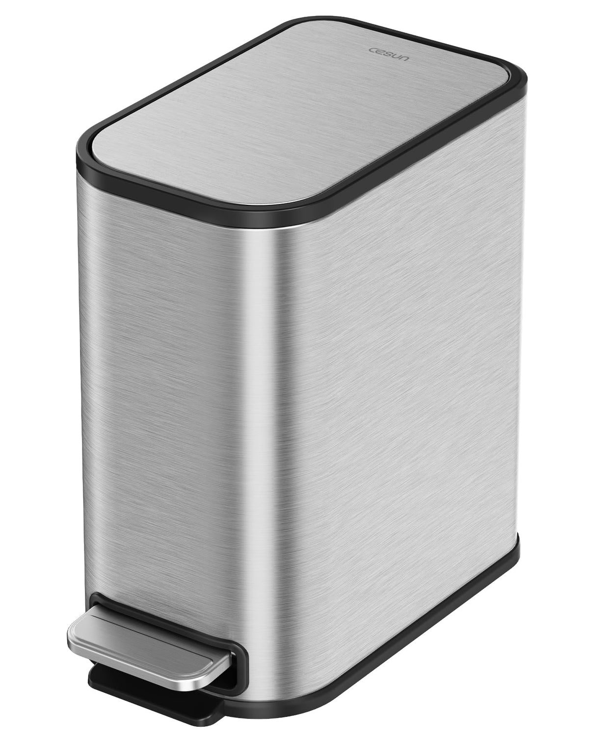 Cesun front view of silver bin showing slim footprint and sleek design benefit