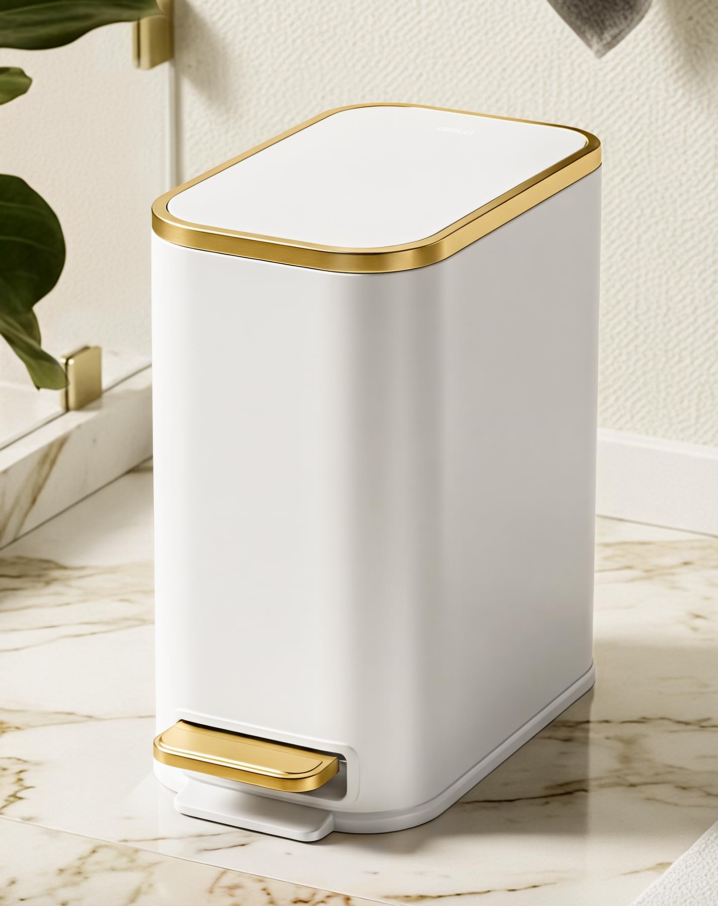 Cesun front view small trash can showing elegant white and gold trim, enhances décor