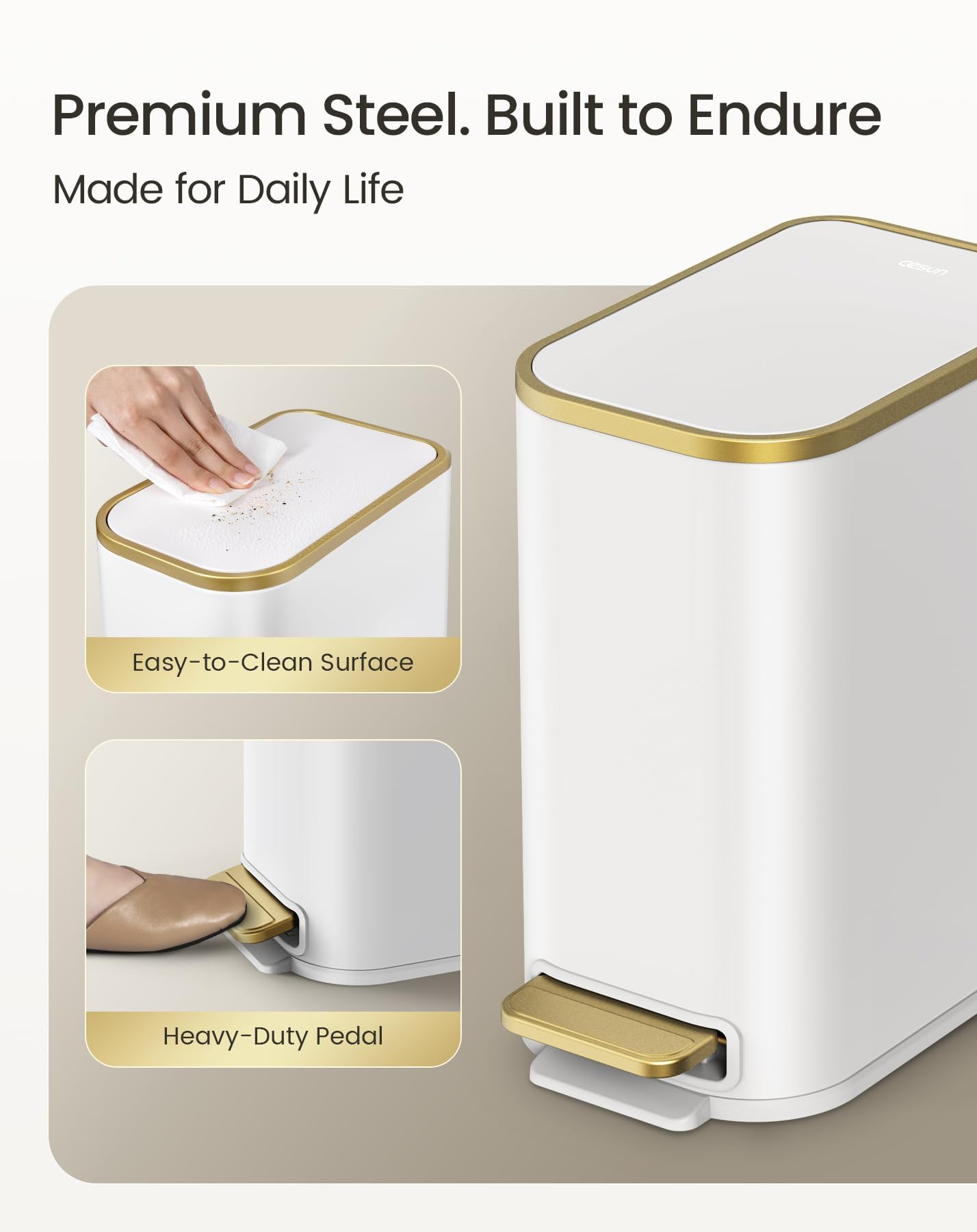 Cesun open lid showing soft‑close action, keeps noise and odors down