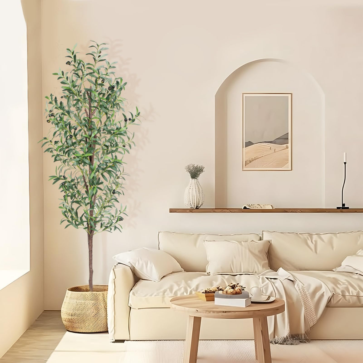 CETRD artificial olive tree front view showing full 6ft height and elegant silhouette