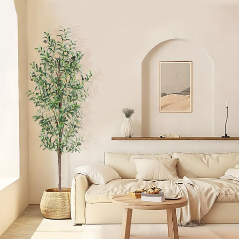 CETRD artificial olive tree front view showing full 6ft height and elegant silhouette