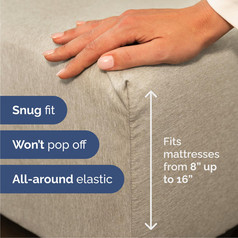 CGK Unlimited fitted sheet on Cal King bed demonstrating smooth drape and finish