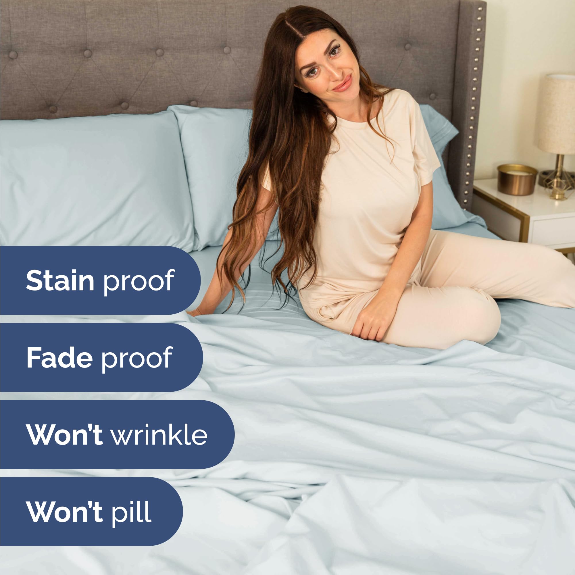CGK Unlimited fitted sheet pocket stretched over mattress showing 16-inch fit benefit