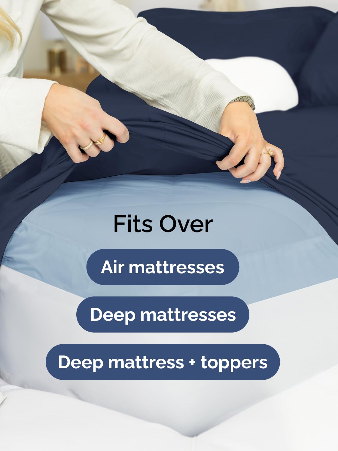 CGK Unlimited fitted sheet on adjustable bed demonstrating stable fit during movement