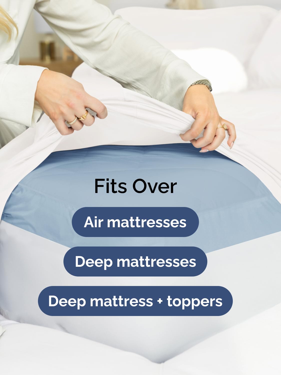 CGK Unlimited sheets on adjustable bed showing flexible fit and reduced corner lift benefit