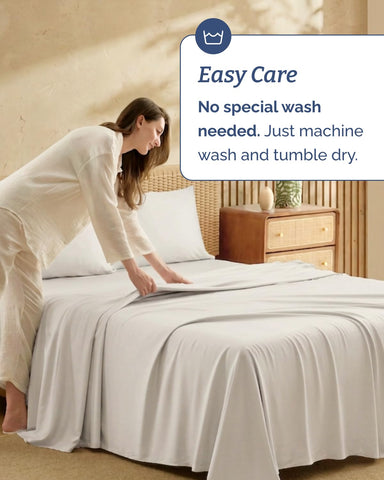 CGK Unlimited care label close-up showing easy machine wash and low-heat drying guidance