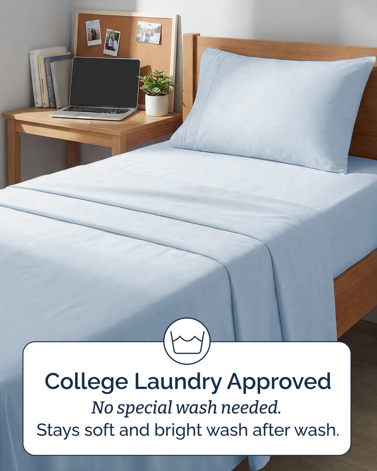CGK Unlimited on dorm bed styled with desk showing cozy, college-ready bedding