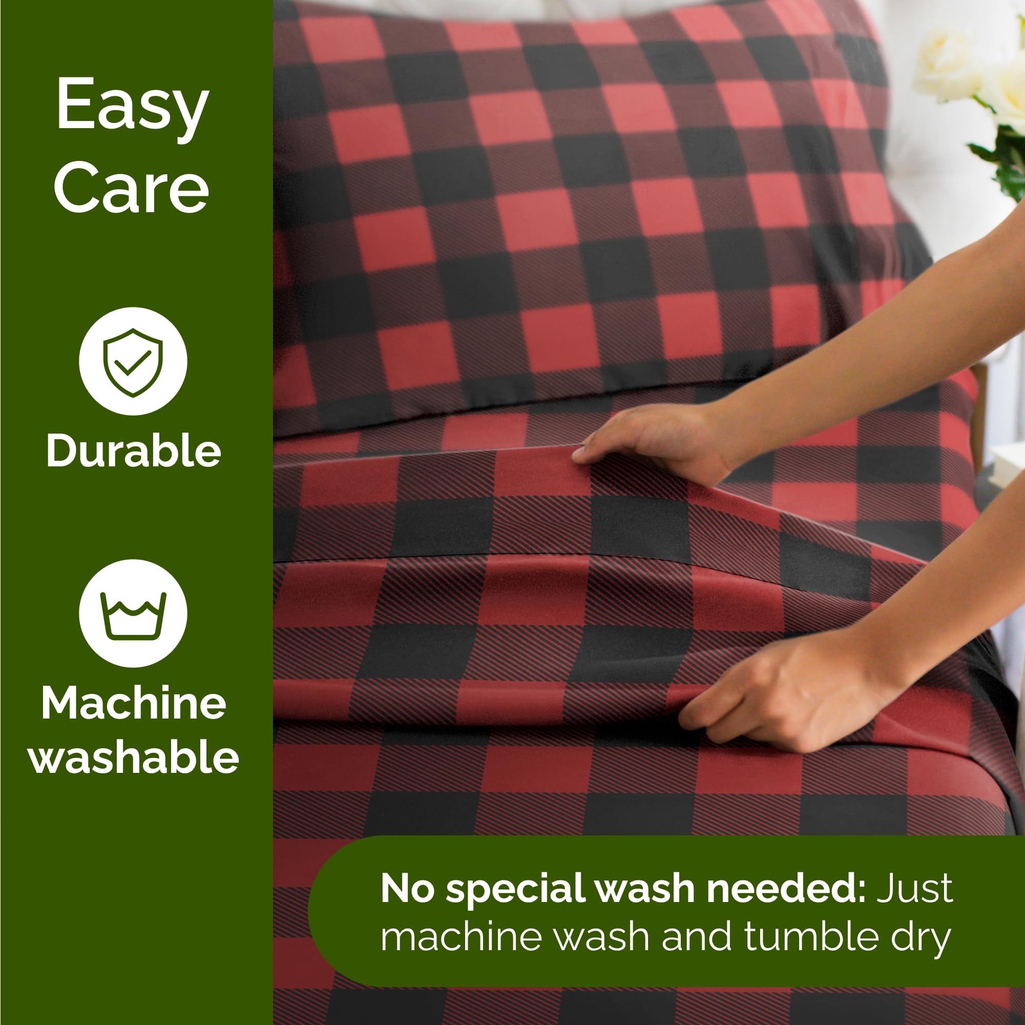 CGK Unlimited styled bedroom scene with plaid sheets creating festive ambiance