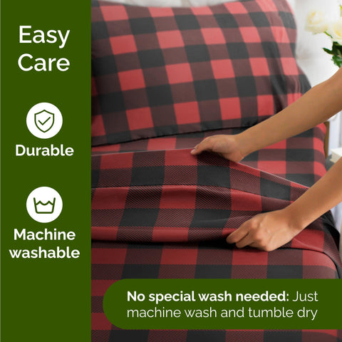 CGK Unlimited styled bedroom scene with plaid sheets creating festive ambiance