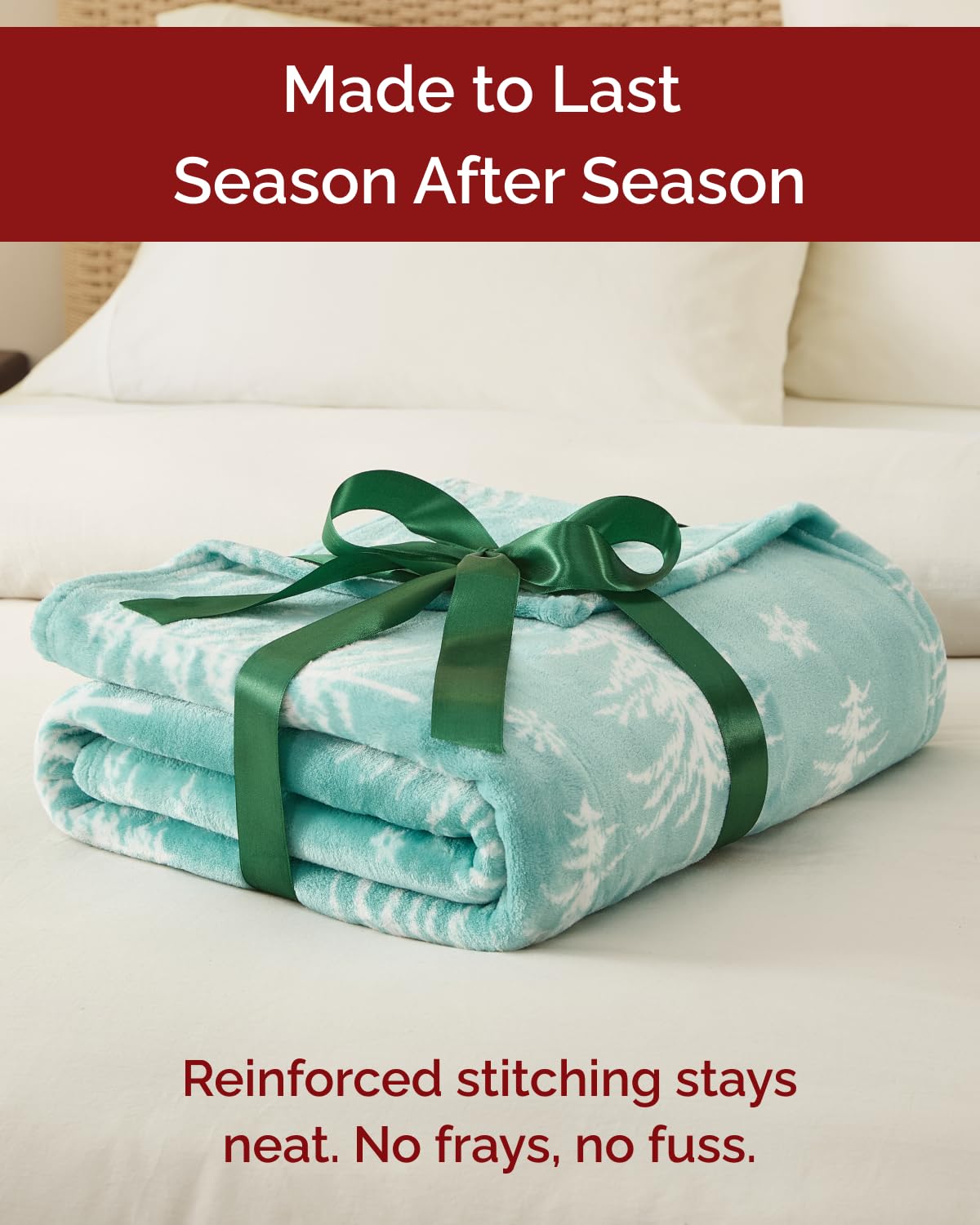 CGK Unlimited styled on a bed showing how the throw enhances holiday bedroom decor