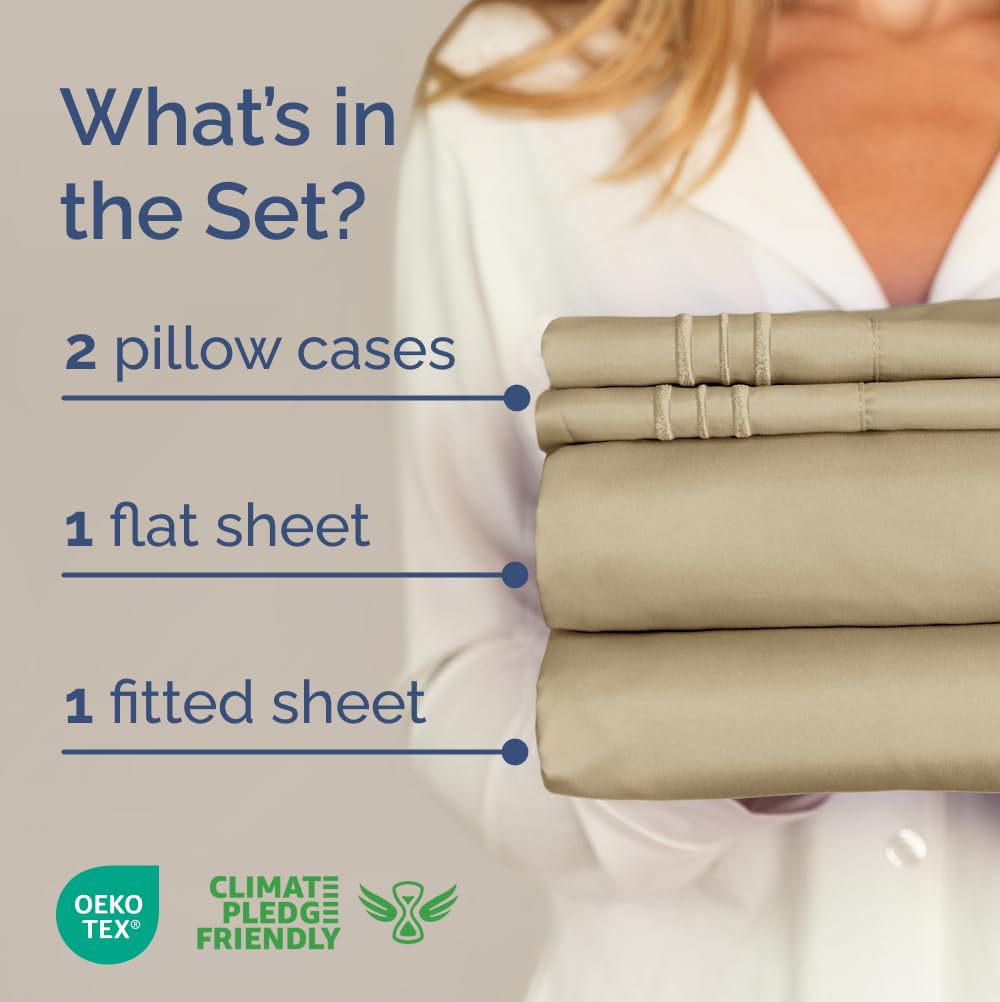 CGK Unlimited beige flat sheet and pillowcases folded to show smooth finish