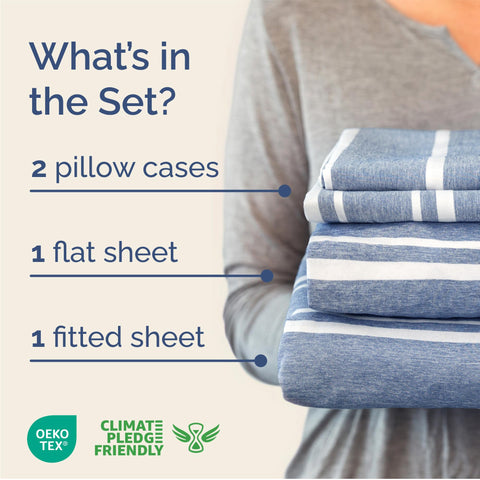 CGK Unlimited flat sheet draped to show blue stripes and smooth comfort