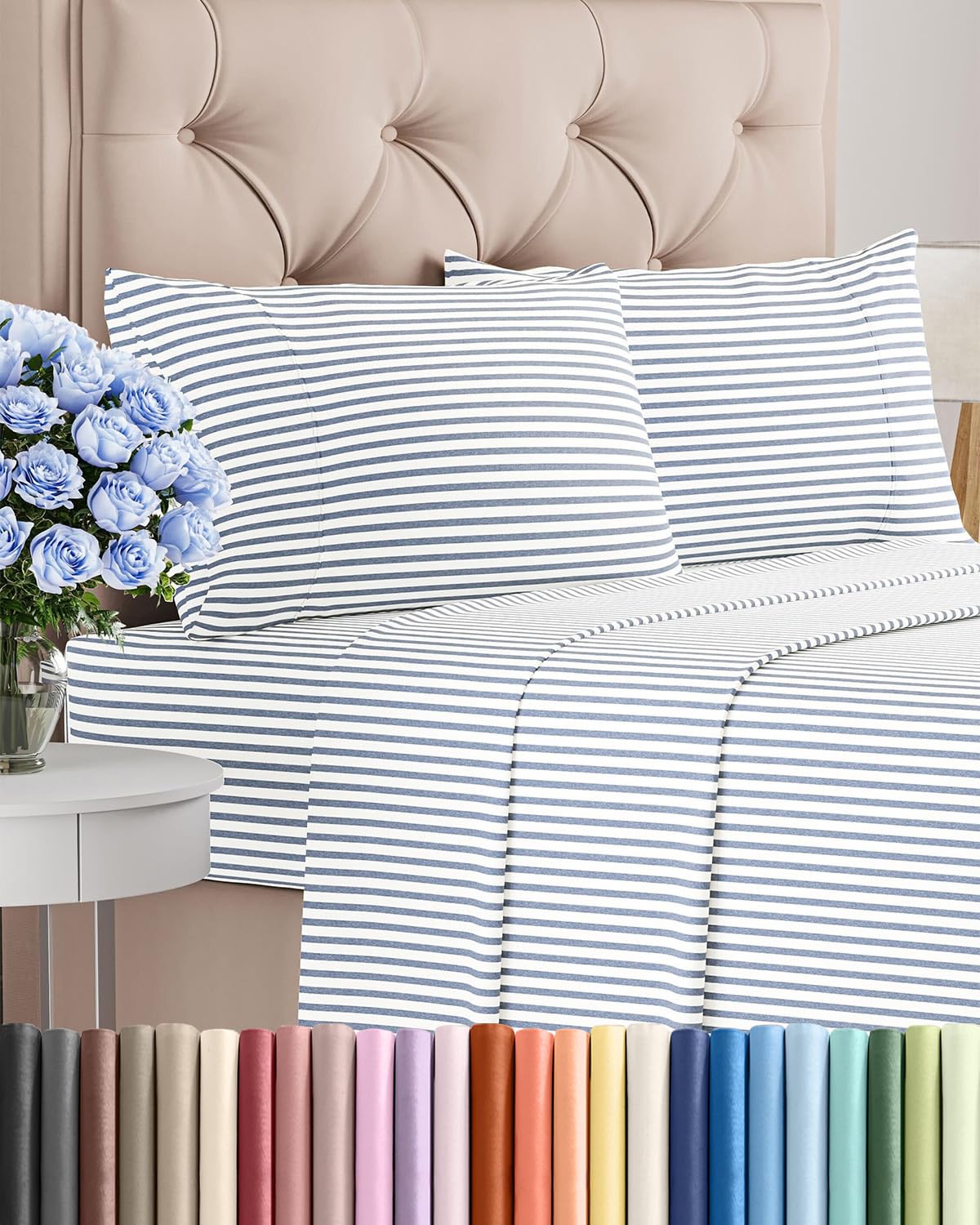 CGK Unlimited front display of blue stripe queen sheet set showing neat styling and pattern