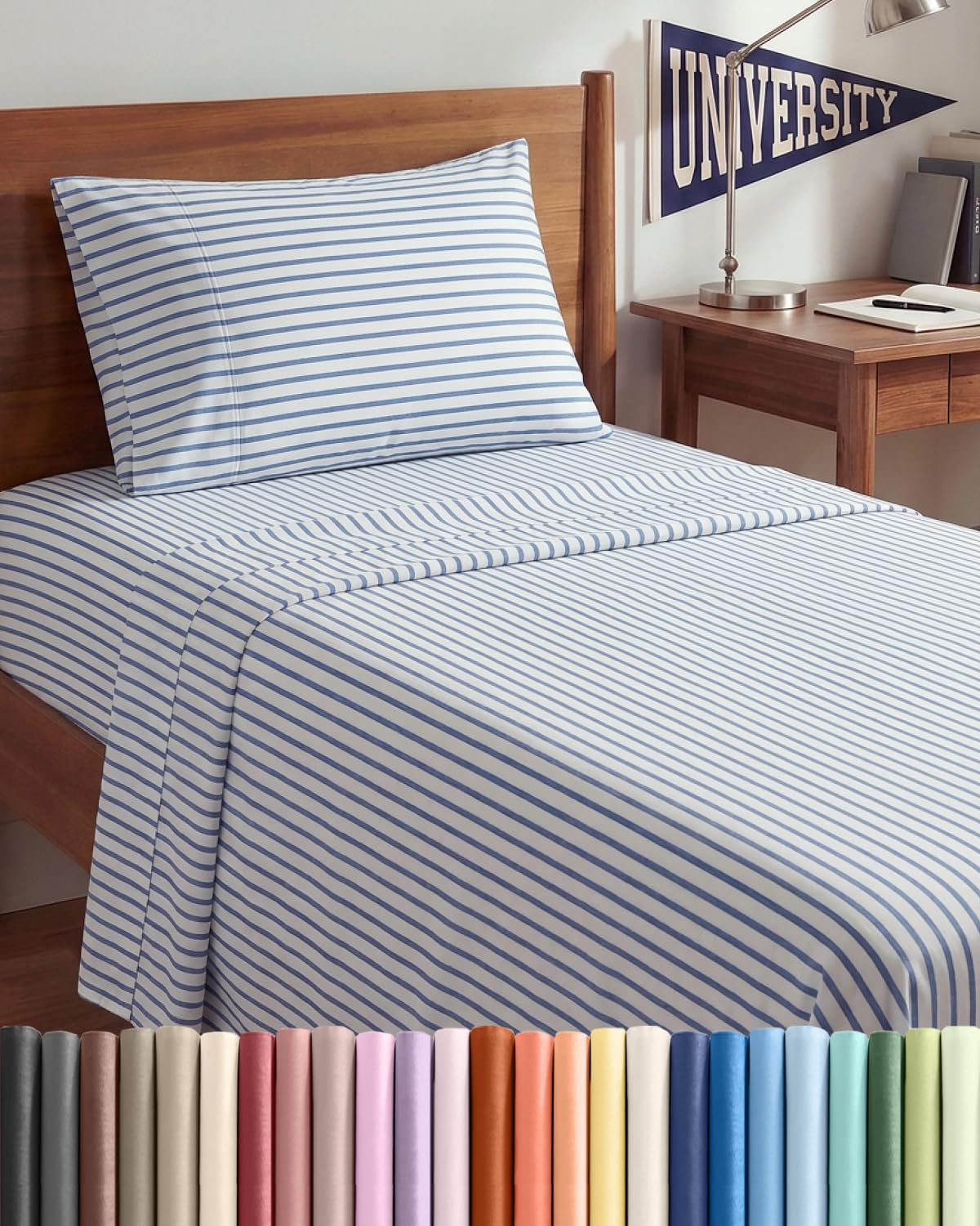 CGK Unlimited front packaging showing blue striped Twin XL set and benefits