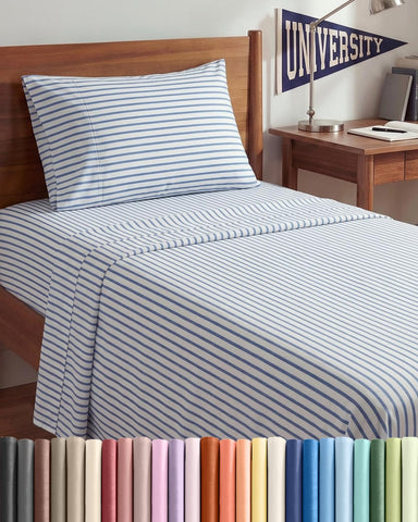 CGK Unlimited front packaging showing blue striped Twin XL set and benefits
