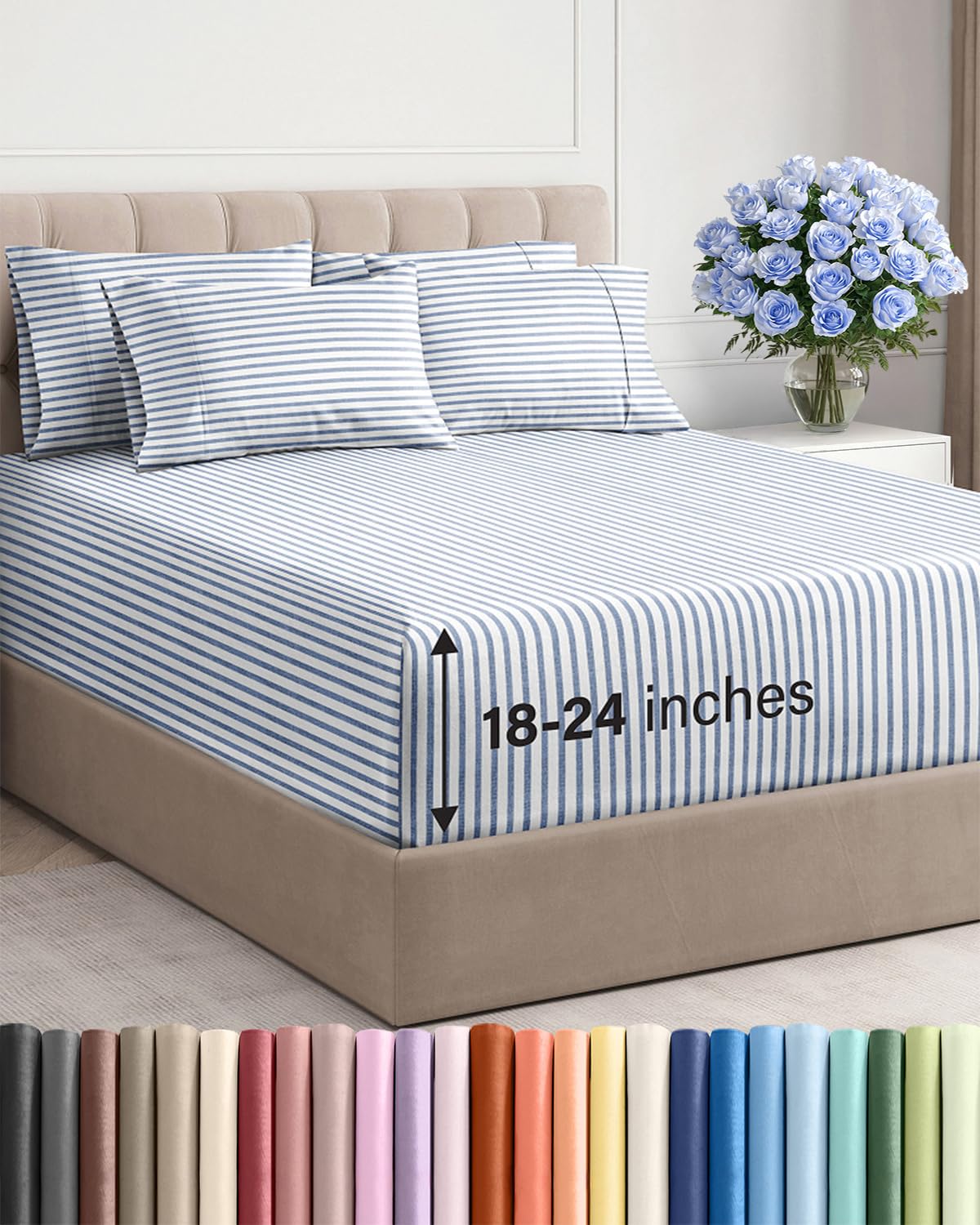 CGK Unlimited front packaging of blue stripe sheet set shows neat fold and design, highlights convenience