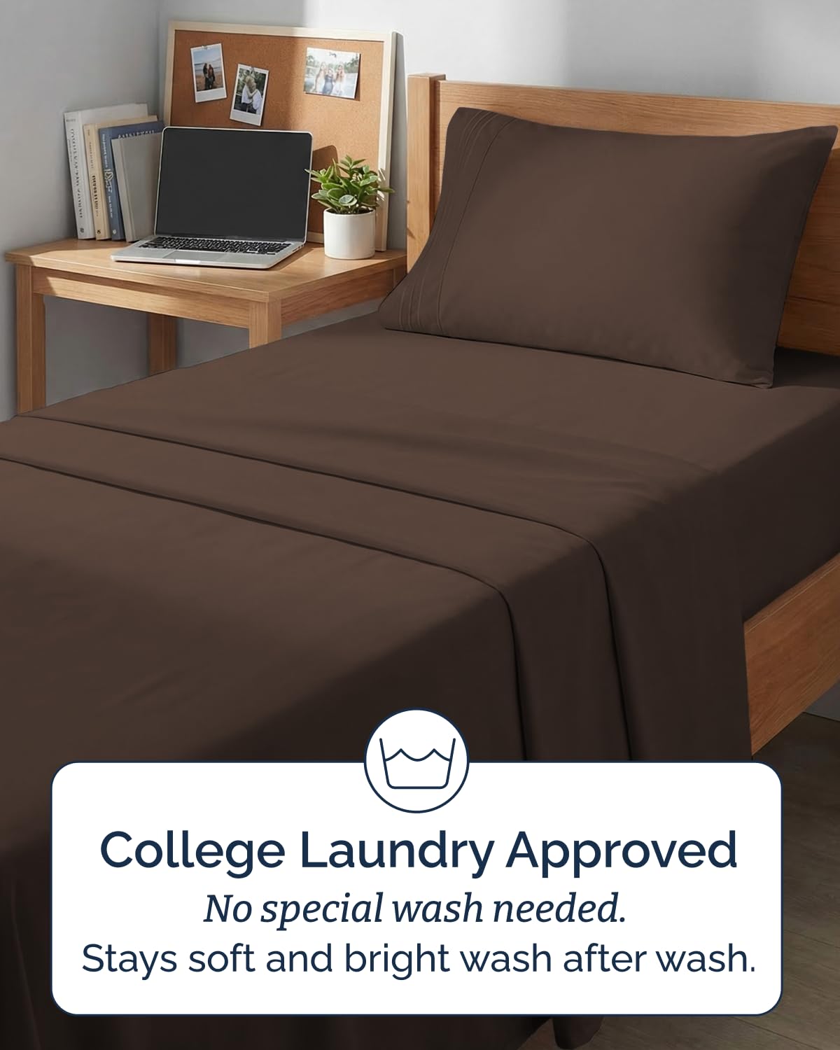 CGK Unlimited brown sheets styled on dorm bed creating cozy, home-like comfort