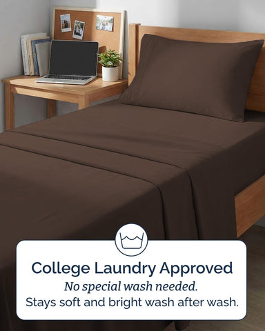 CGK Unlimited brown sheets styled on dorm bed creating cozy, home-like comfort