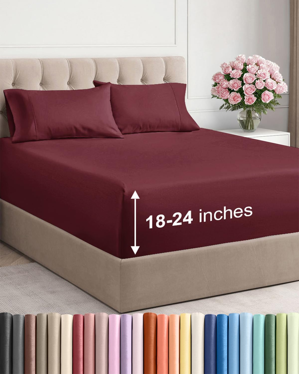 CGK Unlimited burgundy sheet set packaging showing contents and benefit of depth