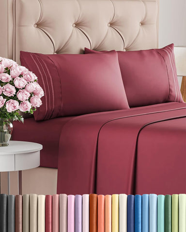 CGK Unlimited front packaging showing burgundy Cal King sheet set with clear labeling and value.
