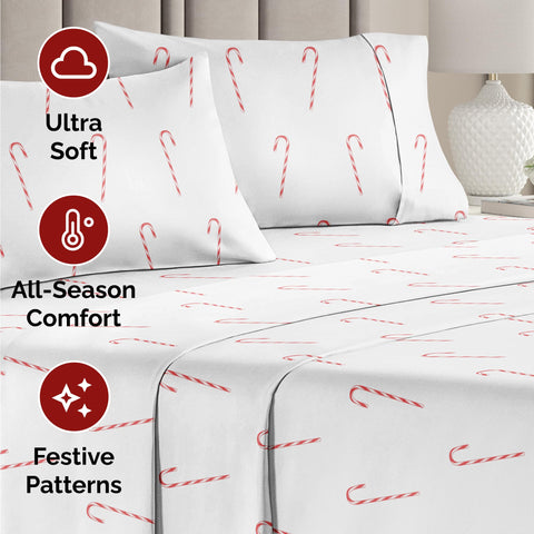 CGK Unlimited flat sheet spread on twin bed showing full candy cane pattern