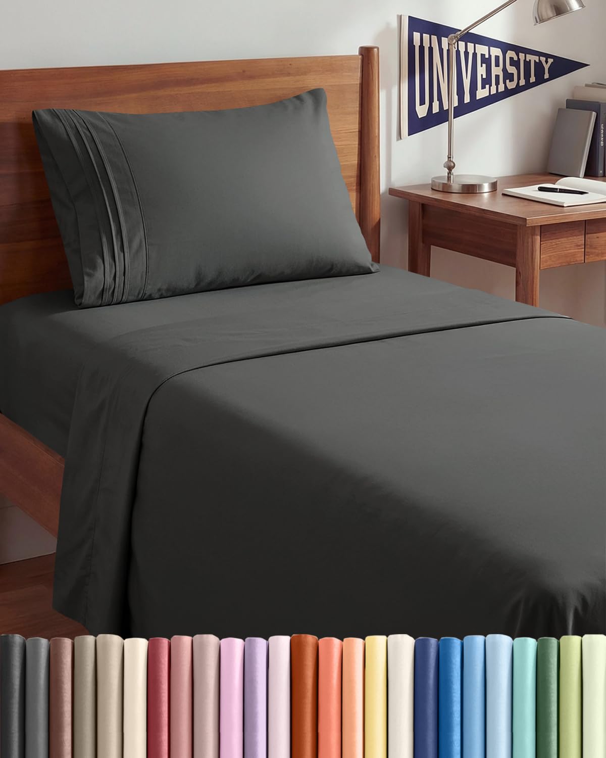 CGK Unlimited front packaging view showing charcoal Twin XL sheet set and benefits