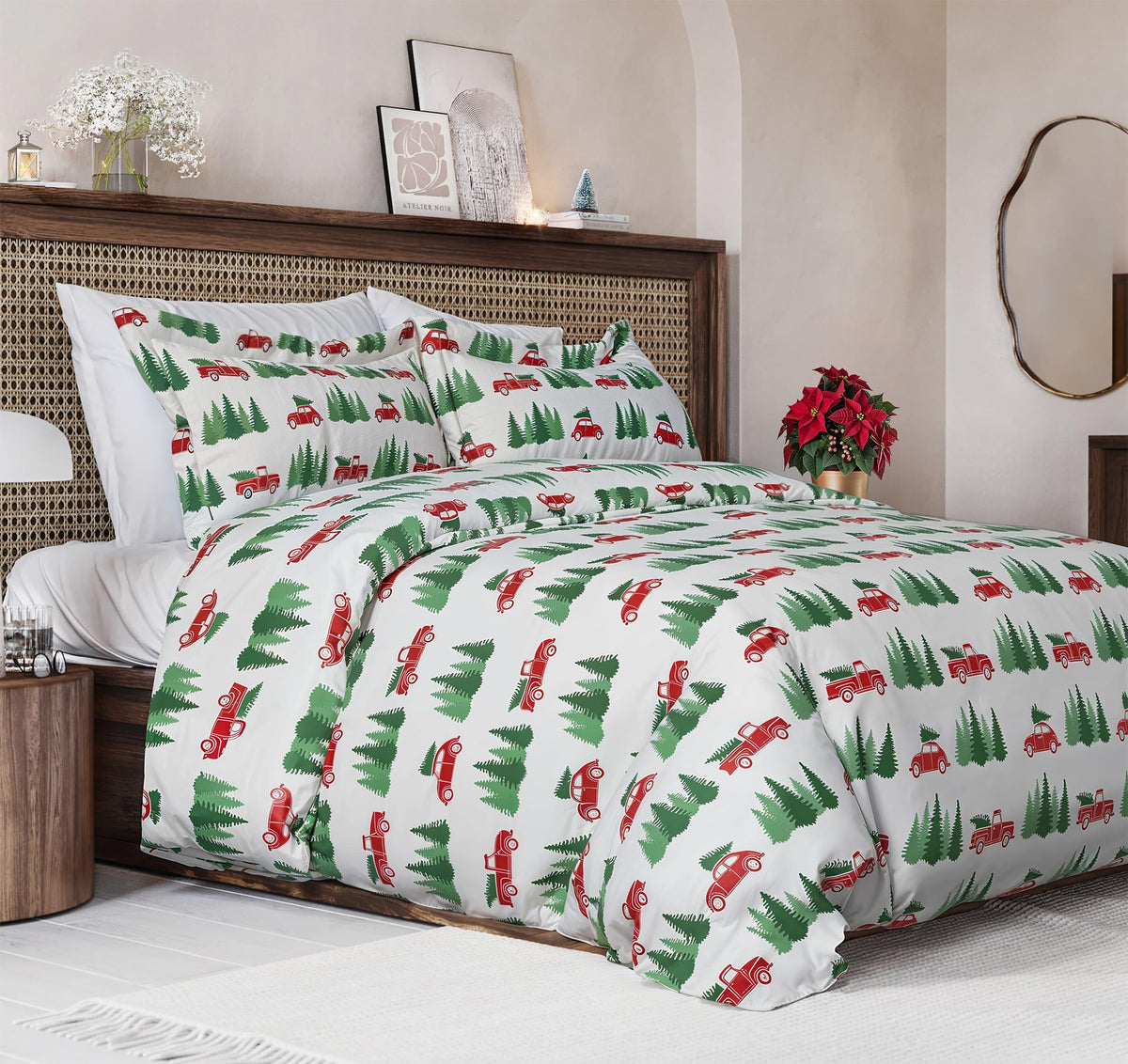 CGK Unlimited duvet cover front view showing festive tree print and cozy appeal
